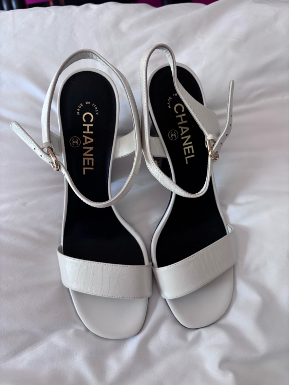 CHANEL White Leather Ankle-Strap Sandals